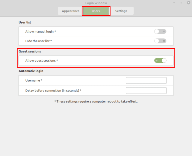 Linux Mint allows you to use guest sessions out of the box. Do not forget to restart the system after enabling the option (image via technipages.com)